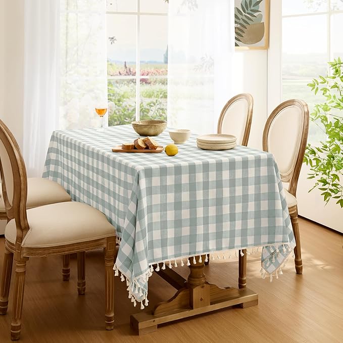 Softalker Checkered Tablecloth Rectangle, Outdoor Linen Cotton Gingham Table Cloth with Tassel, Heavy Duty Wrinkle Free Buffalo Plaid Table Cover for Kitchen Dining Home Party - 55 x 70 Inch, Aqua