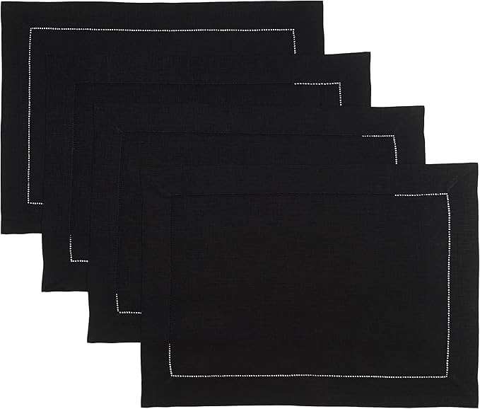 D'Moksha Homes Linen Placemats Set of 4 - Classic Hemstitch Black Placemats 14 x 19 Inch - 100% Pure Linen Table Mats for Spring, Easter - Handcrafted and Machine Washable