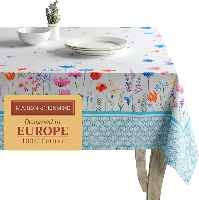 Maison d' Hermine Table Cloth Square Table 100% Cotton 54 x 54 Inches Tablecloth Reusable Decorative for Dining Room Farmhouse Home Valentines Day Decorations Spring Summer - Flower in The Field