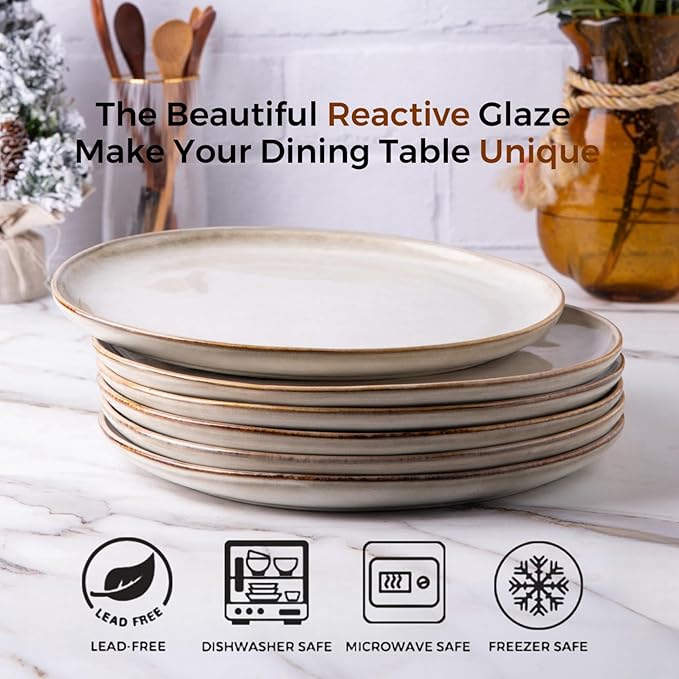 AmorArc Ceramic Plates Set of 6, 8.5 Inch Handmade Reactive Glaze Stoneware Plates set for Dessert, Salad, Appetizer, Dinner, Microwave & Dishwasher Safe, Scratch Resistant-Cappuccino