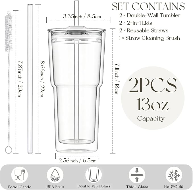 KEMORELA 2PCS 20oz Double Wall Glass Tumblers - Image 2