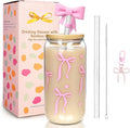 Mason Life Coquette Pink Glass Cups 18OZ Cute Bow Tumbler Glass Cup with Keychain and Straw Cover Valentines Day Galentines Gift for Iced Coffee Smoothie Cocktail Matcha Teen Girls Preppy Stuff