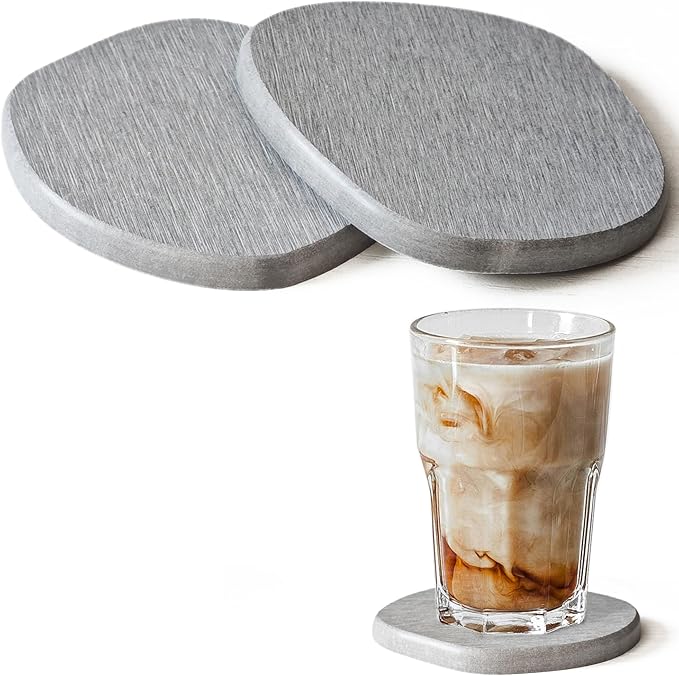 Diatomaceous Earth Coasters Set of 2 for Drinks, Moisture Water Absorbent Stone Coasters for Table Desk at Work, Water Absorbing Instant Drying Diatomite, Modern Light Grey