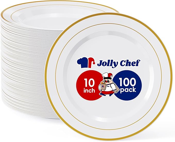 JOLLY CHEF 100 Pieces Gold Plastic Plates, 10 Inch Elegant Disposable Dinner White with Gold Rim, Disposable Plastic Plates for Christmas, Birthdays and Weddings
