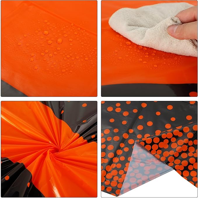 Oudain 6 Pcs Black and Orange Tablecloth for Parties Plastic Dot Tablecloths Printed Table Runner Waterproof Disposable Rectangle Table Cover for Christmas Birthday Wedding Party, 54" x 108"