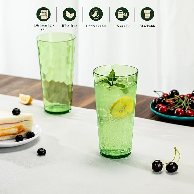 26oz Acrylic Glasses Drinkware (Set of 6), Hammered Design Shatter-Proof Plastic Cups, Reusable Large Drinking Tumblers, Stackable, BPA-Free, Dishwasher-Safe (Green)