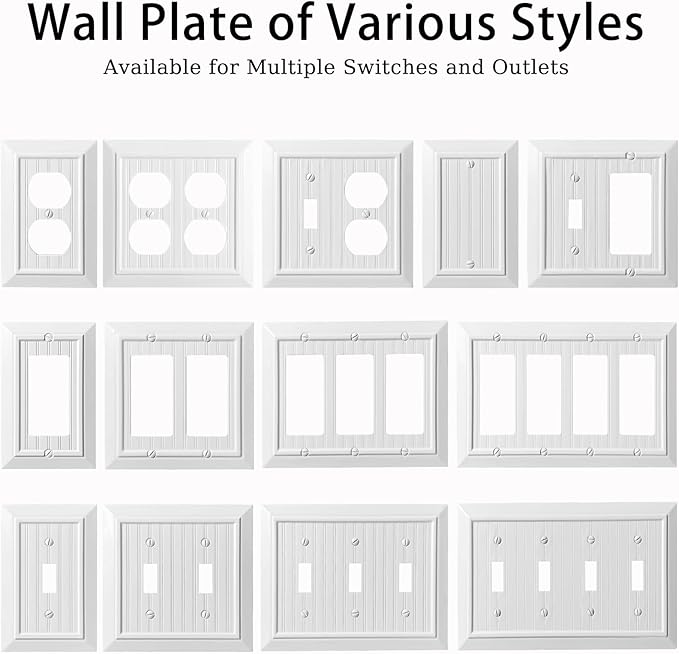Beadboard Outlet Covers Wall Plates, Bamboo Fiber Light Switch Covers, Natural Material Electric Receptacle Decorative Switch Plate Outlet Cover (Pure White, 3 Gang Toggle 1 Pack)