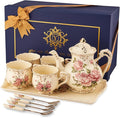 YOLIFE Porcelain Tea Set, Ivory Vintage Pink Rose Teaset | 4 Teacups, 1 Teapot by YOLIFE