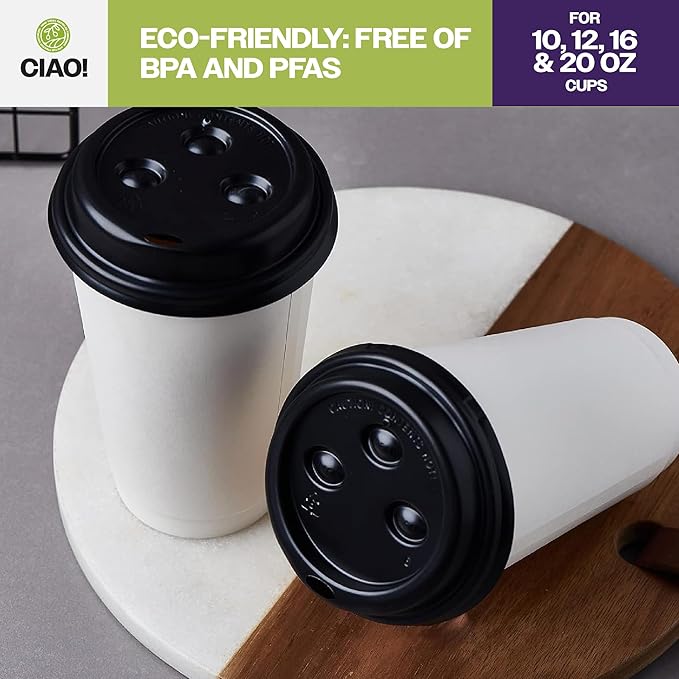 CIAO! 10-24 oz. (90mm) Coffee Cup Sipper Black Dome Lid, 1,000 Count