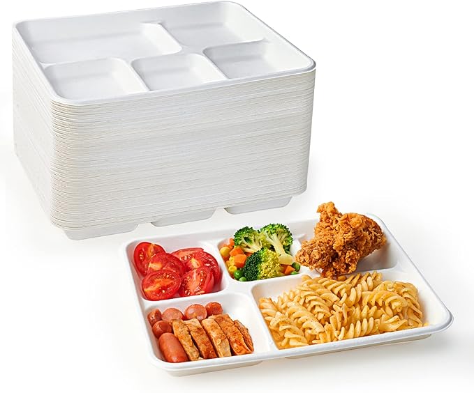 Compostable Disposable 5 Compartment Paper Plates, 10.25inch | 125 Pack by ECOLipak