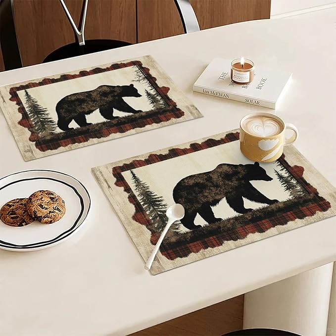 Bear Placemats Set of 4, Farmhouse Cabin Place Mats, Country Rustic Wild Animal Waterproof Washable Table Mats for Home Party Indoor Kitchen Dining Table Decoration 12x18 Inch