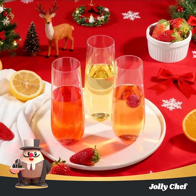 JOLLY CHEF 48 Pack Stemless Plastic Champagne Flutes 9 oz, Crystal Clear Stemless Plastic Toasting Glasses, Clear Disposable Unbreakable Drinkware Ideal for Wedding, Birthday, Party, Thanksgiving
