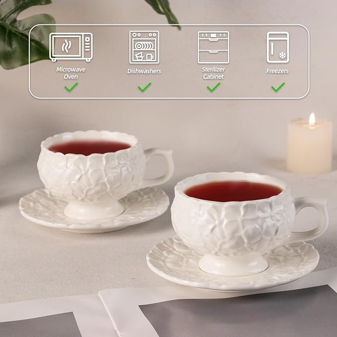 KAMMAK Tea Cups and Saucers Set of 2, 8.5 oz Porcelain Coffee Cups, 560N | - Image 3