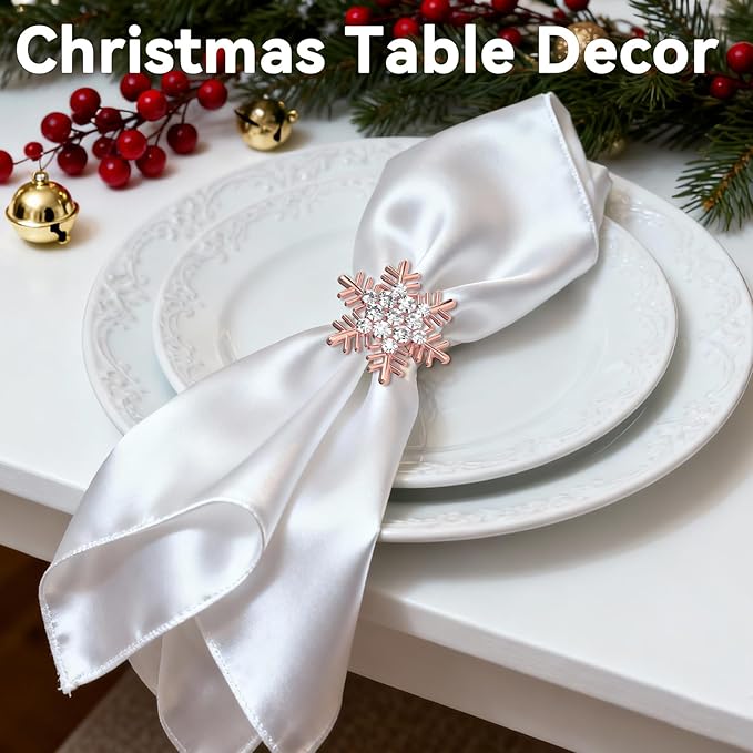ZeeDix Christmas Snowflake Napkin Rings Set of 8- Rose Gold Rustic Dinner Tables Setting Decoration for Wedding Receptions, Christmas Holiday Party Dinner Parties