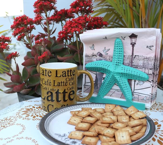 Nautical Starfish Lunch Dinner Metal Napkin Holder Kitchen Beverage Cocktail Ocean Coastal Napkin Holder By The Metal Magician (Distressed Green)