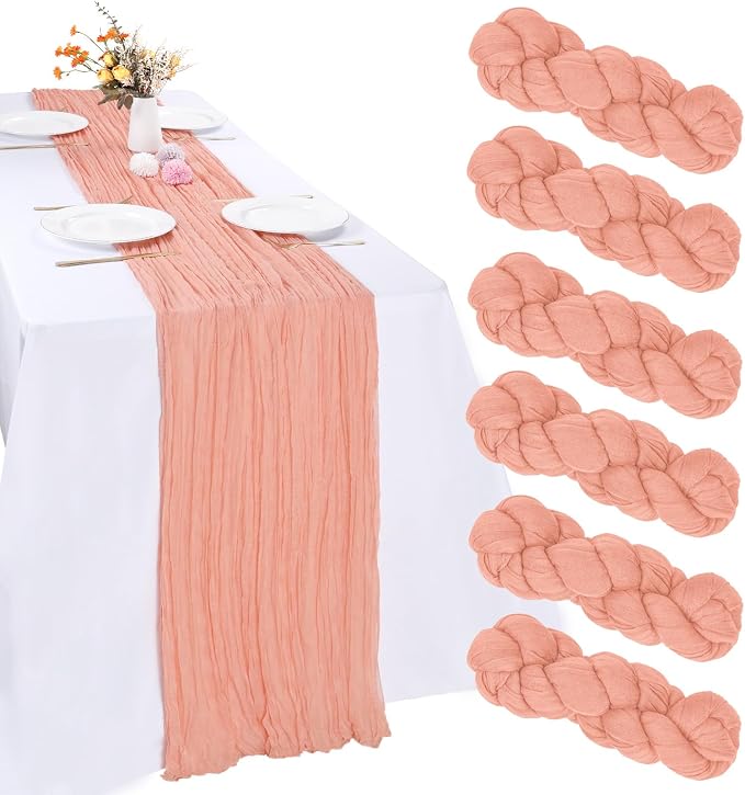 6 Pack Peach Cheesecloth Table Runner 35 x 120 Inch | Boho Gauze Fabric by RestfulGlow