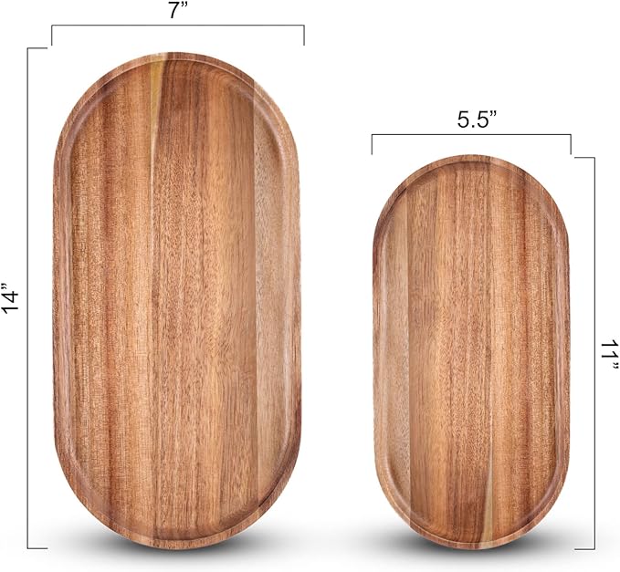 Acacia Wooden Serving Trays Set of 2 - Rectangular Oval Shaped Wood Plates for Charcuterie Cheese Bread Fruit Vegetable Dip Sushi - Rustic Serving Platter Shallow Dishes -14x7 & 11x5.5 In.