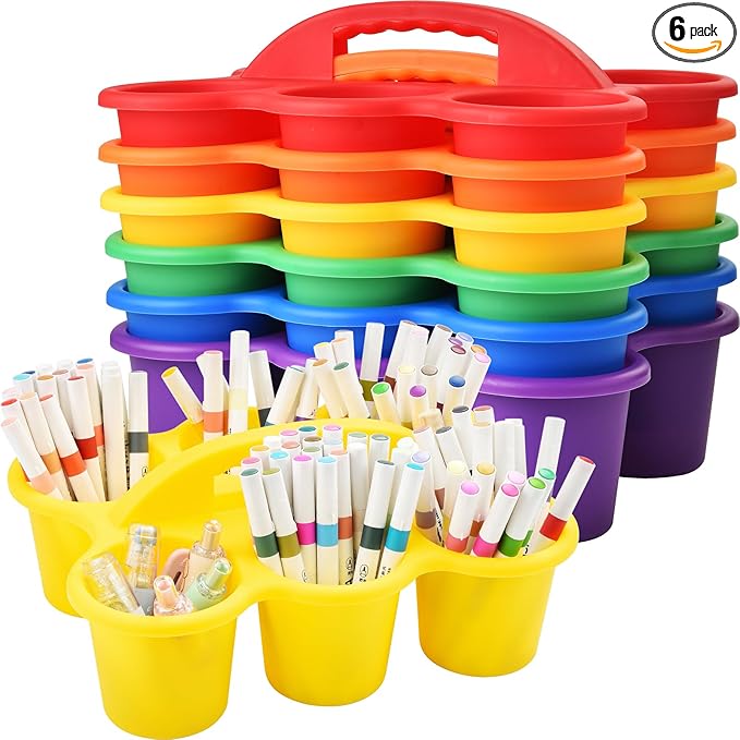 Haundry 6 Pack Classroom Caddy Storage Basket with Handle, Plastic Drink Cup Caddy Holder, 6 Compartments for Kids, Table, Office, Arts, Crafts, Crayon, Marker, Pencil, School Supplies