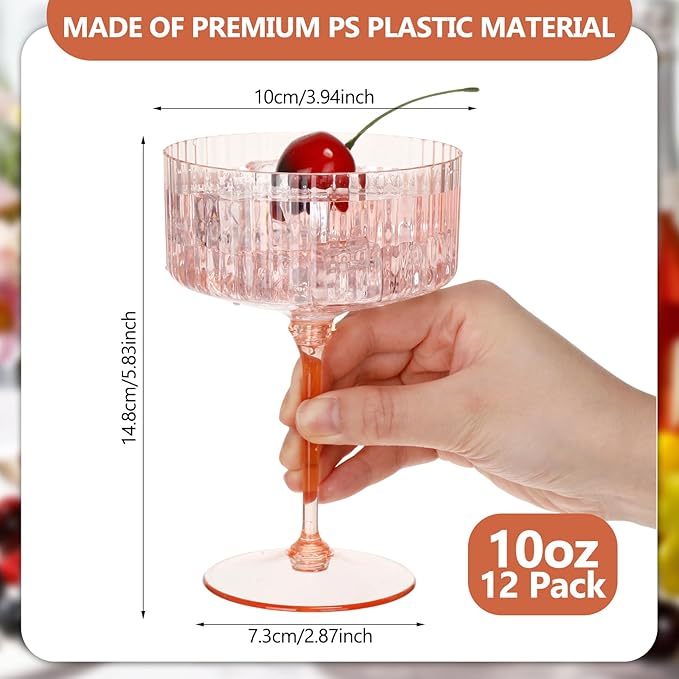 12 Pcs Ribbed Martini Glasses 10 oz Disposable Plastic Vintage Ribbed Coupe Glasses Unbreakable Dessert Parfait Glassware for Wedding Birthday Party Supplies (Champagne Powder)