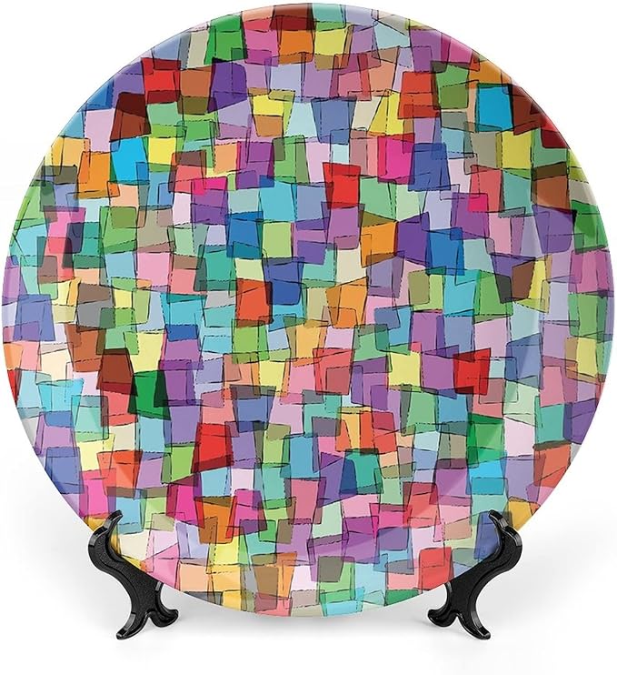 Decorative Plates, Abstract Print Ornament, Mosaic Tile Pattern Colorful Squares Cubes, 7 Inch, 1 Plate with 1 Display Stand, Multicolor