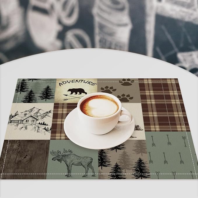 Rustic Bear Deer Placemats Wildlife Moose Forest Animal Cabin Lodge Heat-Resistant Linen Table Place Mats for Dining Kitchen Country Camp Style Farmhouse Decor 12x18 in 6 PCS, Countryside-6