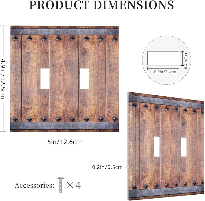 Decorative Light Switch Cover Rustic Farmhouse Barn Door Vintage Wood 2 Gang Wall Plate Double Toggle Switch Plate Receptacle Electrical Outlet Cover Switchplate for Bathroom Cabin（2 Pack）