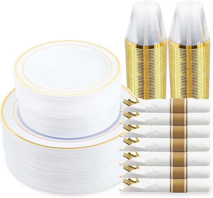350 Piece Gold Dinnerware Set,100 Plastic Plates, 50 Cups,50 Pre Rolled Napkins with Plastic Silverware, Disposable Gold Dinnerware Set for 50 Guest
