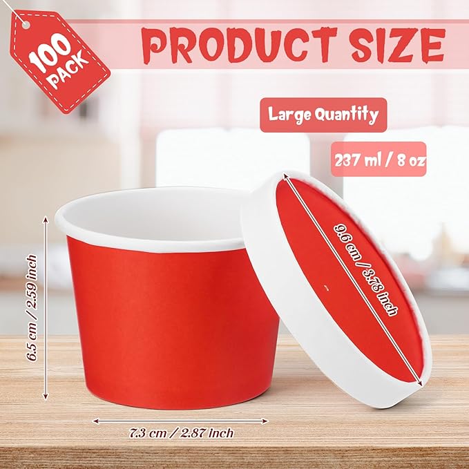 Fulmoon 100 Pack Paper Soup Containers with Lids Disposable Paper Food Containers with Vented Lid Kraft Ice Cream Cake Dessert Cups Soup Bowl for Party Hot Food Fruit Microwave(8 oz,Red)