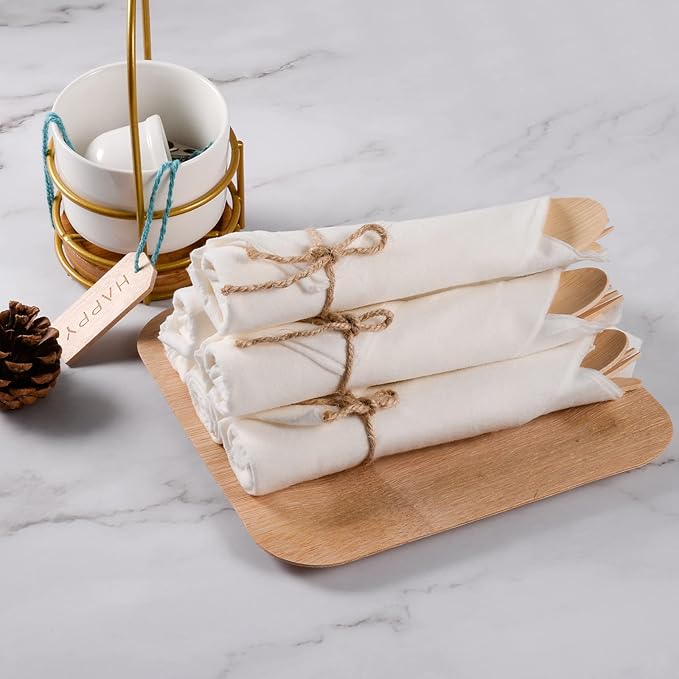 Pre Rolled Napkin and Bamboo Cutlery Set - 100Pack Bamboo Utensils/Compostable Cutlery(100 Forks, 100 Knives, 100 Spoons, 100 Napkins), Biodegradable Wrapped Cutlery for Party, Wedding, Events