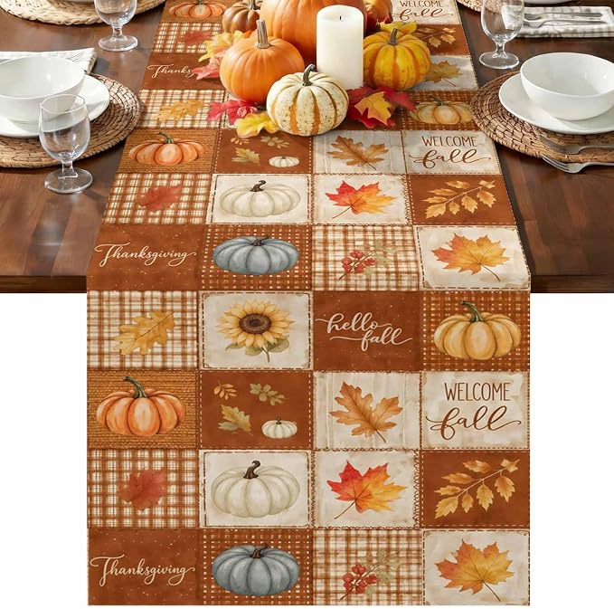 Fall Checkered Table Runner 72 Inches Long, Thanksgiving Pumpkins Table Runners by Unknown