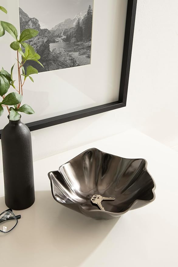 Kate and Laurel Flutte Scalloped Decorative Metal Serving Bowl, 10 x 10 x 3, Black Nickel, Modern Wavy Fruit Bowl for Kitchen Counter or Use as Tabletop Storage for an Entryway Table