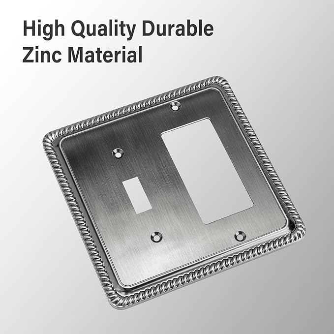 Henne Bery Rope Edge Decorative Wall Plate Switch Plate Outlet Cover (Toggle/Decorator, Heirloom Silver)