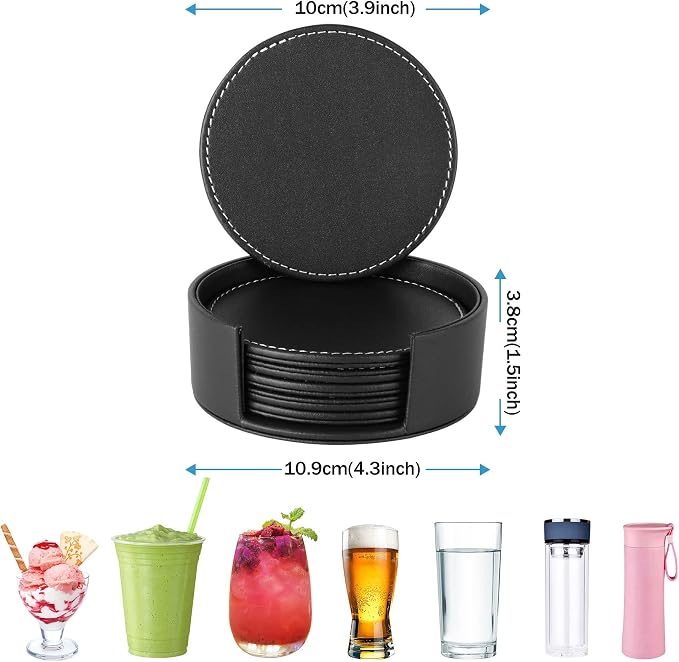 Durable Round Black Leather Coaster - Image 6
