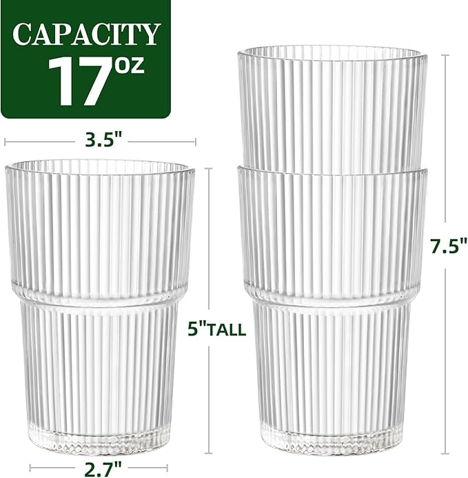 17oz Ribbed Acrylic Drinking Glasses, Unbreakable Plastic Tumblers – Dishwasher - Image 4