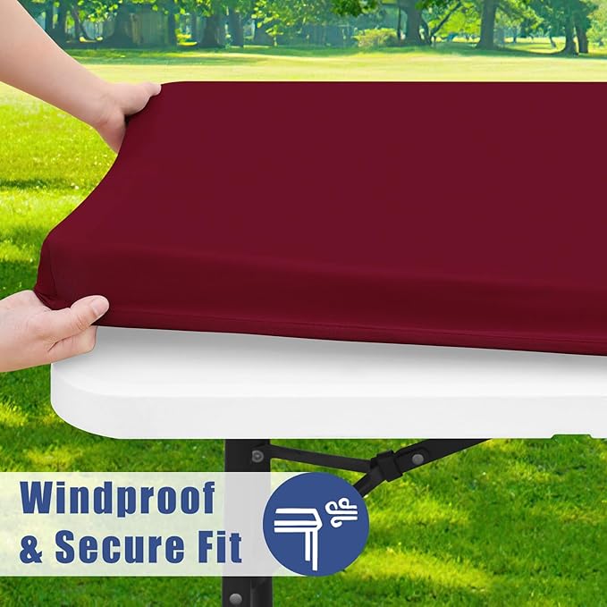 Spandex 8 Foot Rectangle Table Cloth 2 Pack, Elastic Fitted Tablecloths for Picnic, Stretch Washable Patio Table Cover for Outdoor, Camping, Banquet and Parties (Wine Red, 30"x96")