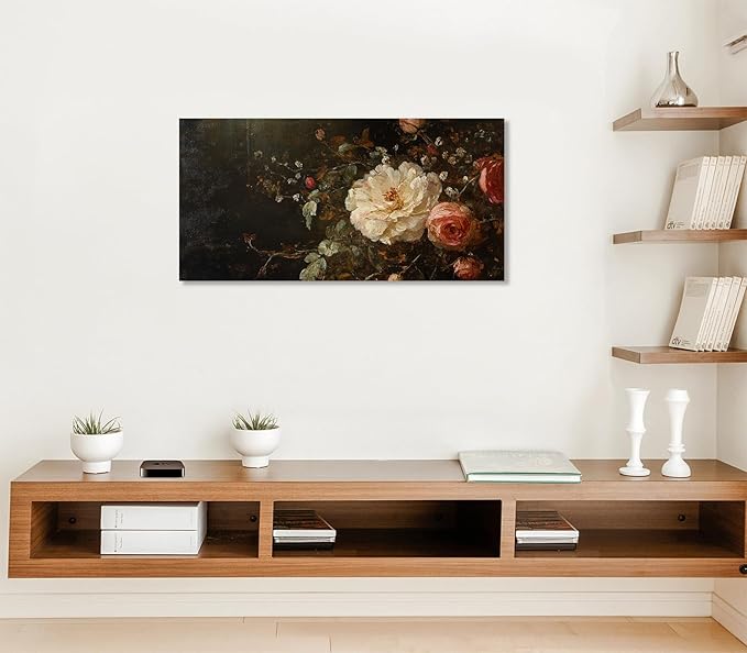ADJUVANT Wall Art Vintage Peony And Rose Bouquet 60"L x 30"W, White Peony With Pink Roses Canvas Painting Elegant Floral Artwork Prints Botanic Wall Decor for Living Room Bedroom Dining Room Home Office