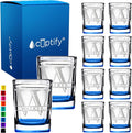Personalized Glasses Split Script Initial and Name Set of 10 2oz Blue Bottom Etched Square Shot Glass Engraved with Custom Text Birthday Gift for Men and Women