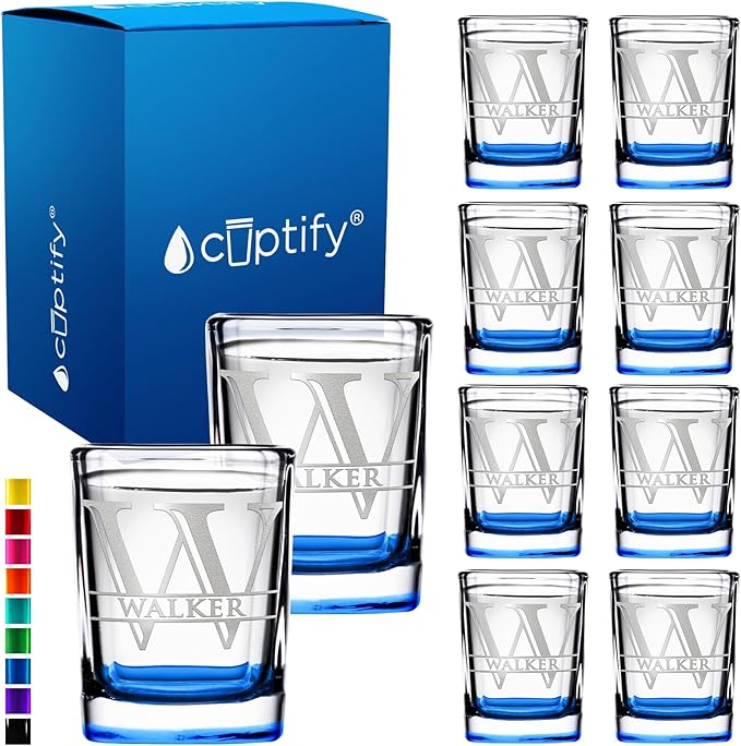 Personalized Glasses Split Script Initial and Name Set of 10 2oz Blue Bottom Etched Square Shot Glass Engraved with Custom Text Birthday Gift for Men and Women