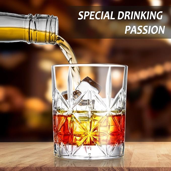 Whiskey Glass, Whiskey Glasses Set of 4, 10 oz Thick Bottom Old Fashioned Rock Glasses for Men, Father's Day, Premium Whisky Gifts for Bourbon, Scotch, Cocktail(Glass Set 4)