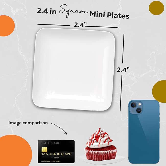 Exquisite Tiny Mini Appetizer Plates - 240 Pack 2.4 In. x 2.4 In. White Plastic Disposable Dessert Plates - BPA Free for Weddings