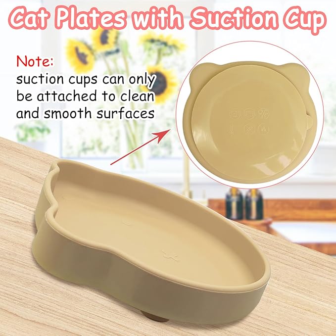 Silicone Cat Food Bowl Suction Cup Cat Dish 7" Shallow Kitty Plates Set of 3 Non-Slip Pet Dishes Relief Whisker Fatigue Puppy Feeding Bowl for Dry & Wet Food (Beige + Red + Blue)