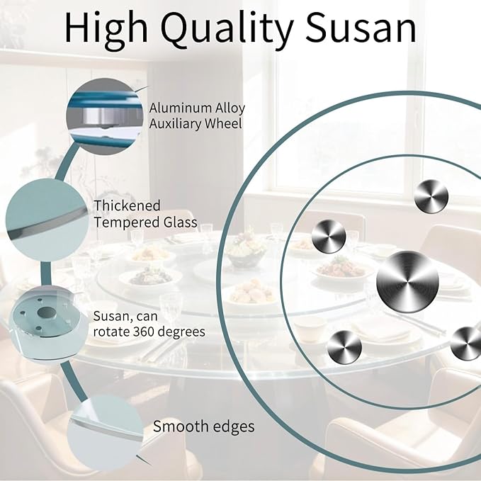 40" Glass Lazy Susan for Dining Table, Glass Turntable Table Centerpiece with 6 Rotating Wheels, 360° Smooth and Silent Spin Tabletop Rotating Tray, for Family Gatherings, Banquets, Weddings, 102 cm