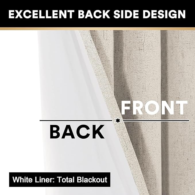 PrinceDeco Linen 100% Blackout Curtains for Bedroom/Living Room Natural Colored Drapes Extra Long Curtains 90 Inch Long for Thermal Insulated Window Curtain Panels Linen Look Fabric with White Liner