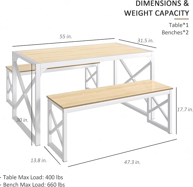 VECELO Kitchen Dining Table Sets for 6, 55" Wood Dinette 2 Benches with Metal Frame for Dinner Breakfast Nook and Small Space, Oak
