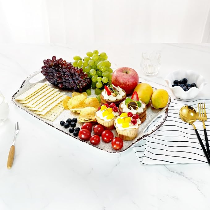 TP Melamine Serving Trays with Handles, Rustic White | Large Rectangular Trays - Image 6