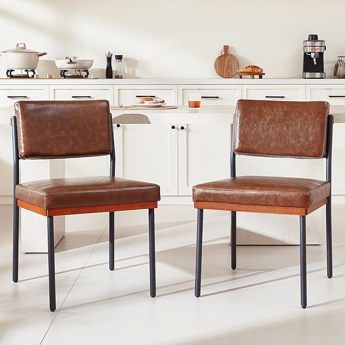 Modern Dining Chairs Set of 2, Kitchen Chairs with Thick Cushions and Adjustable Foot Pads, Upholstered Faux Leather Dining Room Chairs with Sturdy Metal Legs,Coffee