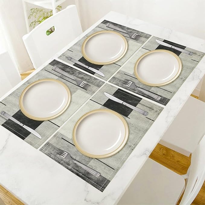 Gradient Placemat Set, Modern Minimal Black White Grey Abstract Geometric Shape Line Patchwork Pattern Home Decor Linen Table Mats for Dining Room Kitchen Party (17x12in) x2P