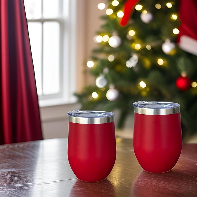 CHILLOUT LIFE 12 oz Stainless Steel Wine Tumblers 2 Pack - Double Wall Vacuum Insulated Wine Glasses Cups with Lids and Straws Set Keeping Cold & Hot for Coffee, Beer, Ice Cream - Powder Coated Red