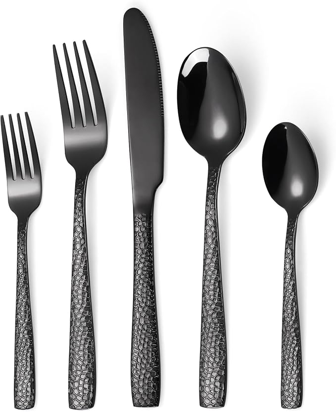 20 Piece Black Modern Flatware Set Hammered Silverware Set Stainless Steel Fine by MetalServingUtensils