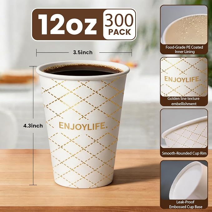 MOUMOULIFE Disposable Paper Coffee Cups 12 oz 300 Count, Leak-Proof Gold Gilded - Image 2